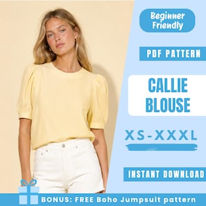 Può includere: Una camicetta giallo pallido con maniche corte a sbuffo e scollo rotondo, abbinata a pantaloncini bianchi. L'immagine include il testo: Beginner Friendly, PDF PATTERN, CALLIE BLOUSE, XS-XXXL, INSTANT DOWNLOAD e BONUS: FREE Boho Jumpsuit pattern.