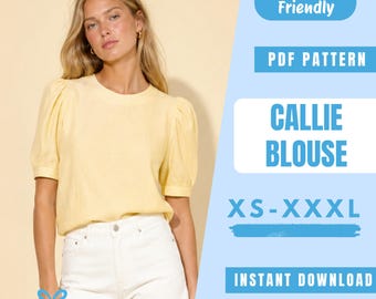 Puff Sleeve Blouse Sewing Pattern PDF | Short Sleeve Top Pattern | Casual Summer Blouse | Easy Beginner Pattern | Women Sewing Pattern