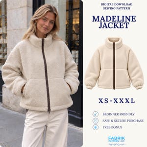 May include: A cream-coloured fleece jacket with a high collar, long sleeves, and a dark brown front zip. The text reads: DIGITAL DOWNLOAD SEWING PATTERN, MADELINE JACKET, XS-XXL, BEGINNER FRIENDLY, SAFE & SECURE PURCHASE, FREE BONUS, FABRIK PATTERN LINE.