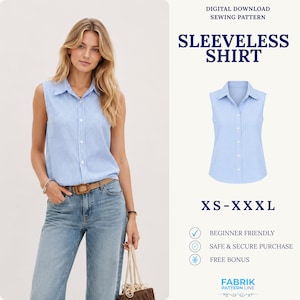 Puede incluir: Un patrón de costura digital descargable para una camisa sin mangas con un patrón de rayas verticales azules y blancas. El texto dice: DIGITAL DOWNLOAD SEWING PATTERN, SLEEVLESS SHIRT, XS-XXL, BEGINNER FRIENDLY, SAFE & SECURE PURCHASE, FREE BONUS, FABRIK PATTERN LINE.