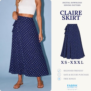 May include: A navy blue midi skirt with a white polka dot pattern, featuring a side tie detail. The digital download sewing pattern is labeled Claire Skirt, available in sizes XS-XXXL, and includes text indicating it is beginner friendly.