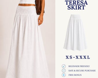 May include: A white maxi skirt with a smocked elastic waistband and a full, flowing silhouette. The text on the image reads: DIGITAL DOWNLOAD SEWING PATTERN TERESA SKIRT XS-XXXL BEGINNER FRIENDLY SAFE & SECURE PURCHASE FREE BONUS FABRIK PATTERN LINE.