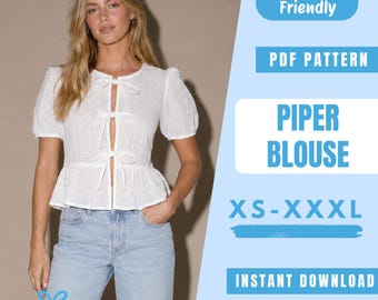 Tie Front Blouse Sewing Pattern PDF | Peplum Top Pattern | Puff Sleeve Blouse | Easy Beginner Pattern | Women Sewing Pattern