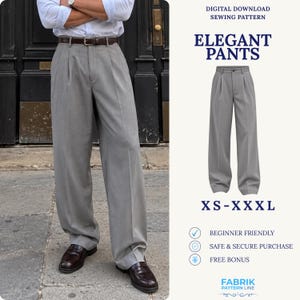 Może przedstawiać: Jasnoszare spodnie z wysokim stanem, plisami i szerokimi nogawkami. Obraz zawiera tekst: DIGITAL DOWNLOAD SEWING PATTERN, ELEGANT PANTS, XS-XXL, BEGINNER FRIENDLY, SAFE & SECURE PURCHASE, FREE BONUS oraz FABRIK PATTERN LINE.
