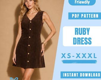 Button Front Mini Dress Sewing Pattern PDF | Sleeveless A Line Dress Pattern | Vintage Dress | Easy Beginner Pattern | Women Sewing Pattern