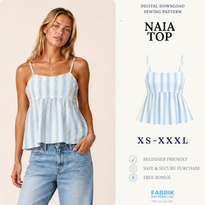 May include: A digital download sewing pattern for the Naia Top, a sleeveless camisole with a square neckline and a blue and white vertical striped pattern. The pattern is available in sizes XS-XXXL and is labeled as beginner friendly.