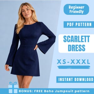 Puede incluir: Un vestido azul marino de manga larga con tela texturizada, cuello redondo y mangas acampanadas. La imagen incluye el texto: Beginner Friendly, PDF PATTERN, SCARLETT DRESS, XS-XXXL, INSTANT DOWNLOAD y BONUS: FREE Boho Jumpsuit pattern.