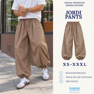 May include: Brown pants with an elastic waistband and drawstring, featuring gathered cuffs at the ankles. The text on the image reads: Digital Download Sewing Pattern, Jordi Pants, XS-XXXL, Beginner Friendly, Safe & Secure Purchase, Free Bonus, Fabrik Pattern Line.