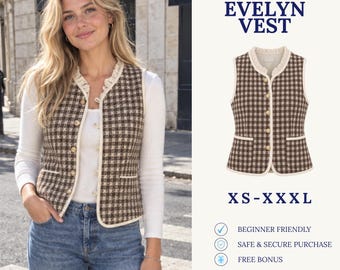 Cartamodello per gilet trapuntato | Cartamodello per gilet da donna | Gilet con bottoni sul davanti | Cartamodello per gilet lungo | Cartamodello in PDF