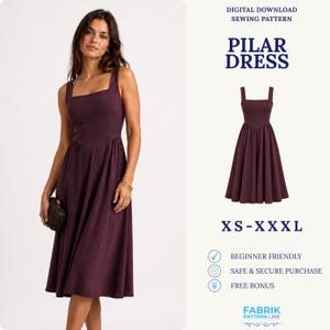 Puede incluir: Un patrón de costura digital descargable para el vestido Pilar, que presenta un vestido sin mangas de color ciruela oscuro con escote cuadrado y falda plisada amplia. El texto incluye Digital Download Sewing Pattern, Pilar Dress y XS-XXXL.