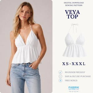 Op de afbeelding: Een wit haltertopje met een diepe V-hals en een geplooide taille, gepresenteerd als een digitaal naaipatroon genaamd Veya Top. Het patroon is beschikbaar in de maten XS-XXXL en bevat tekst die aangeeft dat het geschikt is voor beginners.