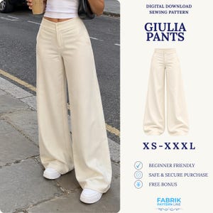 May include: Digital download sewing pattern for Giulia Pants, featuring a high-waisted, wide-leg design in off-white. The pattern includes sizes XS to XXXL, is beginner friendly, and is provided by Fabrik Pattern Line.