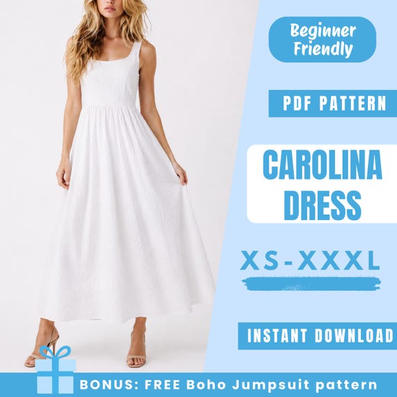 Carolina Dress Sewing Pattern PDF | Flowy Maxi Dress Pattern | Shirred Back Summer Dress | Easy Beginner Pattern | Women Sewing Pattern