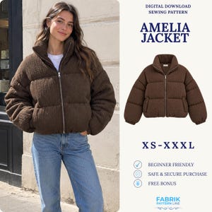 May include: A brown puffer jacket with a high collar and a front zipper closure. The text on the image reads: DIGITAL DOWNLOAD SEWING PATTERN, AMELIA JACKET, XS-XXXL, BEGINNER FRIENDLY, SAFE & SECURE PURCHASE, FREE BONUS, FABRIK PATTERN LINE.