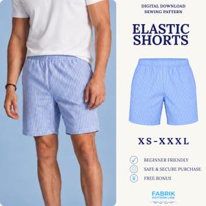 Könnte beinhalten: Ein digitales Schnittmuster zum Herunterladen für eine elastische Shorts in den Größen XS-XXL. Die Grafik zeigt eine blau-weiß gestreifte Shorts, den Text ELASTIC SHORTS, BEGINNER FRIENDLY, SAFE & SECURE PURCHASE, FREE BONUS und FABRIK PATTERN LINE.