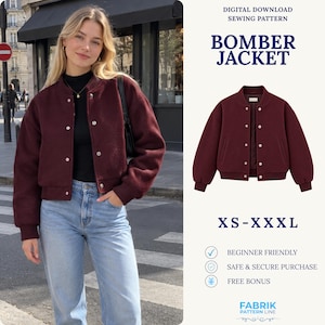May include: A digital download sewing pattern for a maroon bomber jacket with a ribbed collar, cuffs, and hem, featuring a snap-button front closure. The text reads: DIGITAL DOWNLOAD SEWING PATTERN BOMBER JACKET XS-XXL BEGINNER FRIENDLY SAFE & SECURE PURCHASE FREE BONUS FABRIK PATTERN LINE.