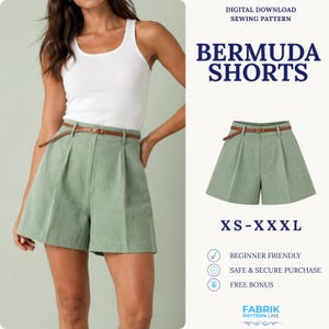 Può includere: Un cartamodello digitale scaricabile per pantaloncini Bermuda nelle taglie XS-XXL. I pantaloncini sono verde salvia, a vita alta, con pieghe frontali e una sottile cintura marrone. Il testo recita: DIGITAL DOWNLOAD SEWING PATTERN, BERMUDA SHORTS, XS-XXL, BEGINNER FRIENDLY, SAFE & SECURE PURCHASE, FREE BONUS, FABRIK PATTERN LINE.