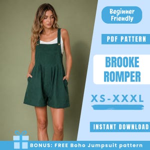 Può includere: Una tuta corta verde scuro sopra una canotta bianca, con spalline abbottonate. Il testo a destra recita: Beginner Friendly, PDF PATTERN, BROOKE ROMPER, XS-XXXL, INSTANT DOWNLOAD, BONUS: FREE Boho Jumpsuit pattern.