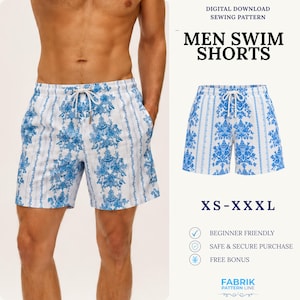 May include: Swim shorts featuring a white and blue damask pattern with vertical stripes and a drawstring waistband. Text includes DIGITAL DOWNLOAD SEWING PATTERN, MEN SWIM SHORTS, XS-XXXL, BEGINNER FRIENDLY, SAFE & SECURE PURCHASE, FREE BONUS, FABRIK PATTERN LINE.
