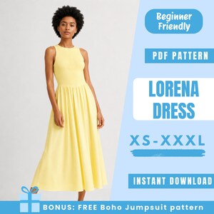 Puede incluir: Un vestido sin mangas de color amarillo pálido con cintura fruncida y falda fluida. La imagen incluye el texto "LORENA DRESS" y "XS-XXXL". Texto adicional indica que es un patrón PDF y "Beginner Friendly".