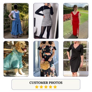 May include: A collection of customer photos featuring a blue linen apron, a black and white plaid dress, a red floor-length gown, a teal textured dog coat, a black floral off-the-shoulder dress, and a black wrap dress with three-quarter sleeves.