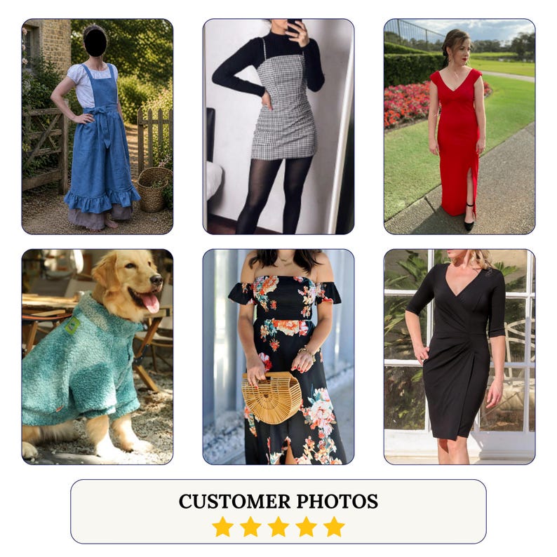May include: A collection of customer photos featuring a blue linen apron, a black and white plaid dress, a red floor-length gown, a teal textured dog coat, a black floral off-the-shoulder dress, and a black wrap dress with three-quarter sleeves.