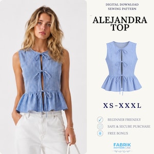 Puede incluir: Un patrón de costura digital descargable para el top Alejandra, una prenda sin mangas con volantes, rayas azules y blancas y tres lazos frontales. El patrón está disponible en tallas de la XS a la XXXL y es apto para principiantes.