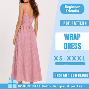 Può includere: Un abito a portafoglio rosa con un motivo a pois bianchi. L'abito ha spalline sottili e uno scollo a V. Il testo sull'immagine dice "Beginner Friendly", "PDF Pattern", "Wrap Dress", "XS-XXXL" e "Instant Download".