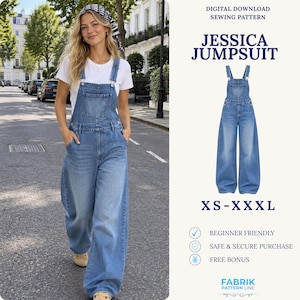 May include: A digital download sewing pattern for the Jessica Jumpsuit, available in sizes XS-XXXL. The image displays a blue denim jumpsuit with a bib front, wide legs, and metal hardware, alongside text indicating it is beginner friendly.