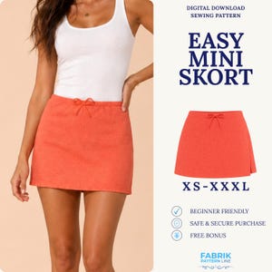 Puede incluir: Patrón de costura digital descargable para una minifalda pantalón fácil en tallas XS-XXL. La imagen muestra una minifalda pantalón color coral con cintura de cordón, combinada con una camiseta sin mangas blanca. Texto: "DIGITAL DOWNLOAD SEWING PATTERN", "EASY MINI SKORT", "XS-XXL", "BEGINNER FRIENDLY", "SAFE & SECURE PURCHASE", "FREE BONUS", "FABRIK PATTERN LINE".