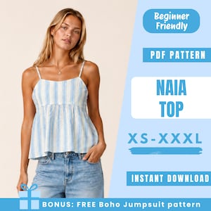 Naia Top Sewing Pattern PDF | Smocked Cami Top Pattern | Babydoll Summer Top | Easy Beginner Pattern | Women Sewing Pattern