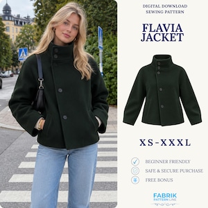 May include: A dark green jacket with a high collar, long sleeves, and a button-front closure. The text reads: DIGITAL DOWNLOAD SEWING PATTERN, FLAVIA JACKET, XS-XXL, BEGINNER FRIENDLY, SAFE & SECURE PURCHASE, FREE BONUS, FABRIK PATTERN LINE.
