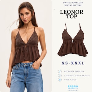 Puede incluir: Un top marrón sin mangas con tirantes finos, escote en V profundo y cierre de lazo frontal. El cuerpo presenta detalles texturizados y la prenda tiene un dobladillo acampanado. El texto incluye DIGITAL DOWNLOAD SEWING PATTERN LEONOR TOP XS-XXXL.