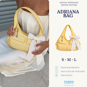 Puede incluir: Un bolso de hombro con estampado de cuadros vichy amarillo y blanco, con un gran lazo de tela blanca en la parte delantera, dos bolsillos exteriores y un dije plateado en forma de corazón. El texto dice DIGITAL DOWNLOAD SEWING PATTERN.
