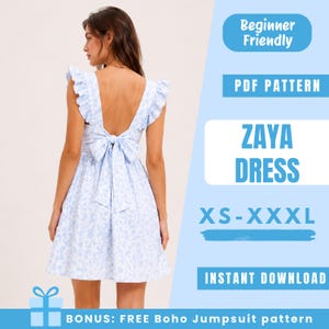 May include: A light blue floral print dress with a low back and bow detail. The dress has ruffled sleeves and is labeled "ZAYA DRESS" with sizes XS-XXXL. The image also includes the text "Beginner Friendly" and "Instant Download".