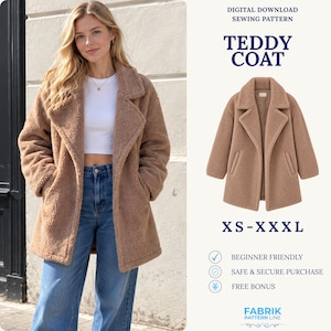 May include: A digital download sewing pattern for a teddy coat. The image displays a tan, textured, long-sleeved coat with a wide collar and two front pockets. Text includes: DIGITAL DOWNLOAD SEWING PATTERN, TEDDY COAT, XS-XXXL, BEGINNER FRIENDLY.