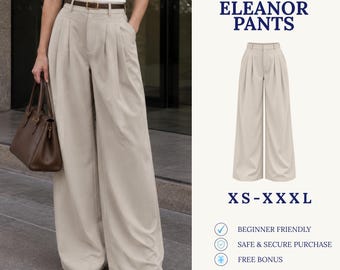 Könnte beinhalten: Digitales Schnittmuster für die Eleanor Hose, eine weit geschnittene Hose in Beige mit hoher Taille, Gürtelschlaufen und Vorderfalten. Das Schnittmuster ist in den Größen XS bis XXXL erhältlich und anfängerfreundlich.