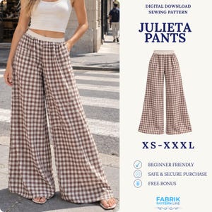 Puede incluir: Patrón de costura digital descargable para los pantalones Julieta, con diseño de pierna ancha, estampado de cuadros vichy en marrón y blanco y cintura elástica. El patrón está disponible en tallas de la XS a la XXXL para principiantes.
