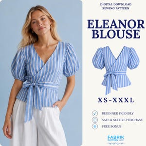 Peut inclure: Un patron de couture numérique à télécharger pour le chemisier Eleanor, un haut portefeuille à rayures bleues et blanches avec des manches bouffantes et une taille nouée. Disponible en tailles XS à XXXL avec des mentions pour débutants.