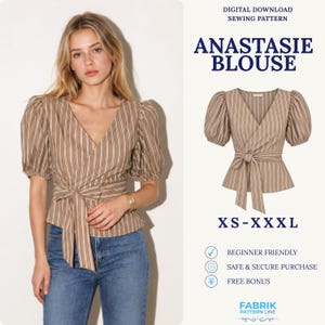 May include: A brown and white striped wrap blouse with short puff sleeves and a tie-waist closure. The text reads: DIGITAL DOWNLOAD SEWING PATTERN, ANASTASIE BLOUSE, XS-XXXL, BEGINNER FRIENDLY, SAFE & SECURE PURCHASE, FREE BONUS, FABRIK PATTERN LINE.