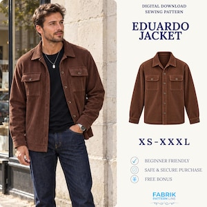 May include: A digital download sewing pattern for the Eduardo Jacket, featuring a brown corduroy shirt-jacket with a collar, button-front closure, and two chest pockets. The pattern includes sizes XS-XXXL and is labeled as beginner friendly.