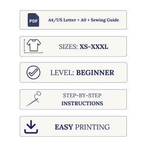 May include: A digital sewing pattern information graphic with five horizontal rectangular sections. Text includes PDF A4/US Letter + A0 + Sewing Guide, SIZES: XS-XXXL, LEVEL: BEGINNER, STEP-BY-STEP INSTRUCTIONS, and EASY PRINTING with icons.