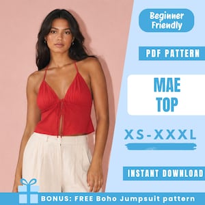 Peut inclure: Un haut rouge style dos nu avec un lien à nouer sur le devant et une encolure froncée. L'image contient le texte : Beginner Friendly, PDF PATTERN, MAE TOP, XS-XXXL, INSTANT DOWNLOAD, et BONUS: FREE Boho Jumpsuit pattern.