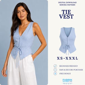 Tie Front Vest Sewing Pattern PDF | Wrap Waistcoat Pattern | Sleeveless Vest | Easy Beginner Pattern | Women Sewing Pattern