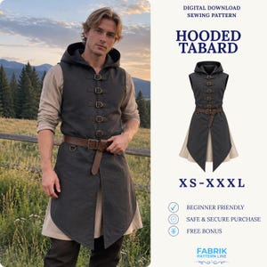 Mönster för herrluvväst | Mönster för tabard herr | Mönster för kostym med huva | Herrbruksväst | Ärmlös jacka | PDF