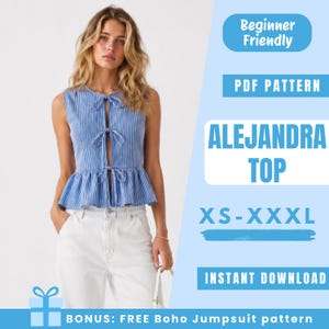 Puede incluir: Un top a rayas azules y blancas sin mangas con un bajo peplum y detalles de lazo. La imagen incluye el texto "ALEJANDRA TOP" y "XS-XXXL". También se ve el texto "Beginner Friendly" y "Instant Download".