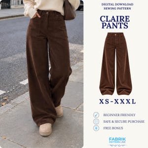 Può includere: Pantaloni in velluto a coste marrone scuro a vita alta e gamba larga, con tasche frontali applicate, chiusura con bottone e patta con zip. Il testo riporta Digital Download Sewing Pattern, Claire Pants, XS-XXL, Beginner Friendly e Fabrik Pattern Line.