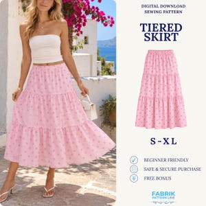 May include: A digital download sewing pattern for a tiered skirt in sizes S-XL. The image displays a pink skirt with a subtle polka dot pattern, featuring an elasticized waistband and three distinct horizontal tiers of fabric.