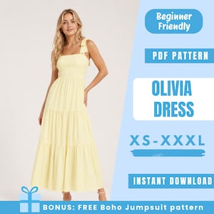 Puede incluir: Un vestido largo amarillo claro con falda escalonada y tirantes anudados. La imagen incluye el texto "Beginner Friendly", "PDF PATTERN", "OLIVIA DRESS", "XS-XXXL" e "INSTANT DOWNLOAD". La imagen también indica "BONUS: FREE Boho Jumpsuit pattern".