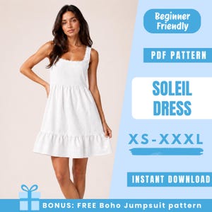 Puede incluir: Un vestido Soleil blanco sin mangas con cuello cuadrado y dobladillo con volantes. La imagen incluye el texto "Beginner Friendly", "PDF PATTERN", "SOLEIL DRESS", "XS-XXXL" e "INSTANT DOWNLOAD".